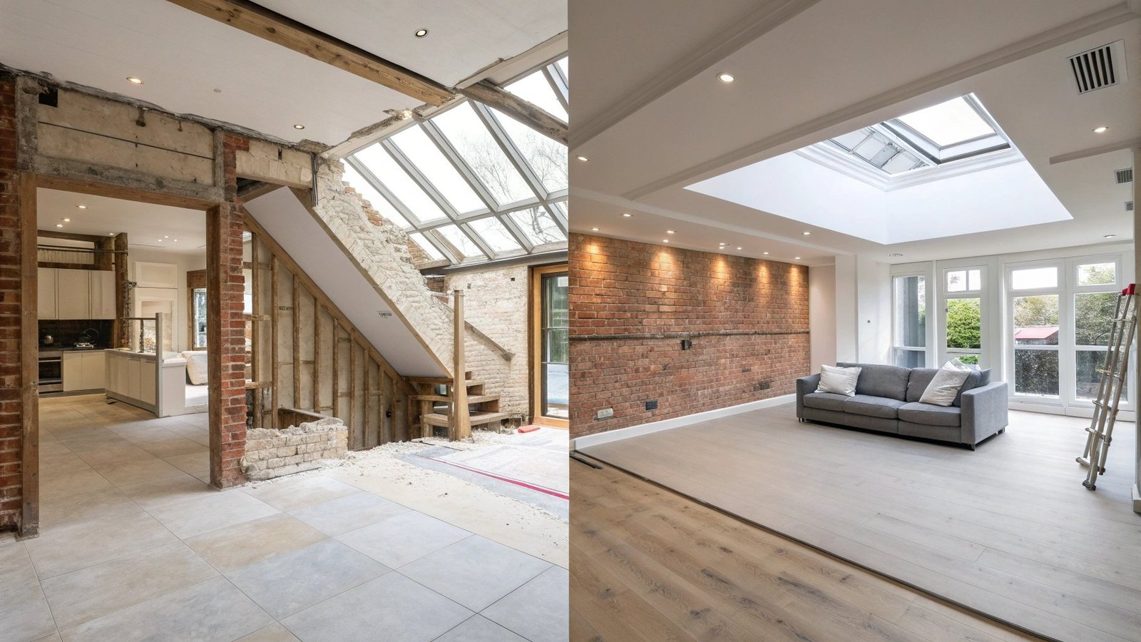 Before and after loft conversion showing completed project